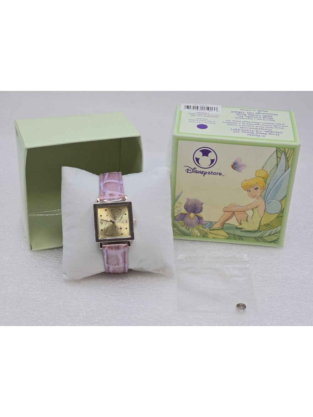 Disney Store Tinker Bell Watch Square Gold Face Lavender Faux Leather New In Box